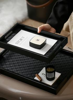 北轻奢黑色皮质薰木托盘香高风级感置物收纳盘客厅卧室欧MCA装饰