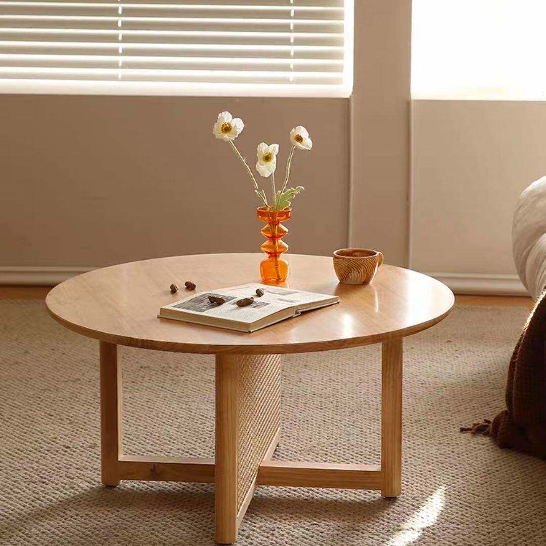 新木中式OSM藤编茶几原小风小户型民宿实木圆桌侘寂客厅台休阳闲