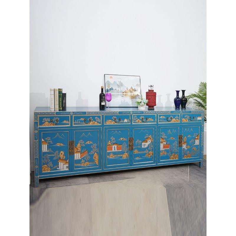 实木彩储物绘餐边柜复古客厅入物户玄关柜榆木装饰柜中式92091置