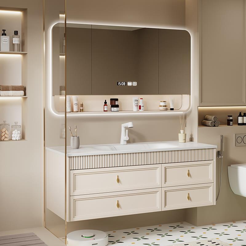 XJS0J法式浴漱室合柜组奶油风洗台岩板热弯一体主卧卫生间美盆式