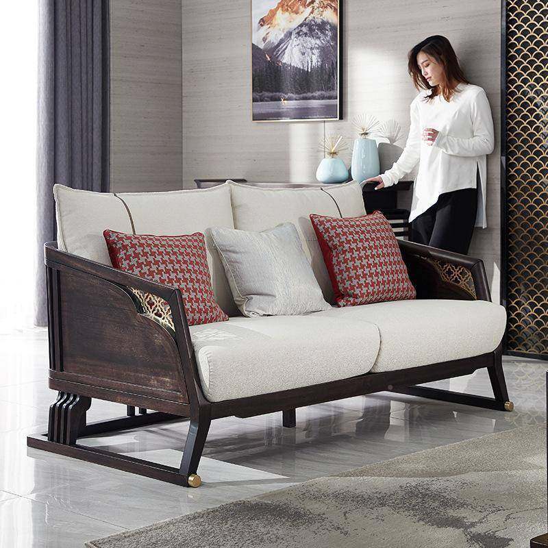 非F45564洲乌金木实厅木沙发中式客墅轻奢别家具新中式实木皮质沙