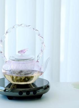 高颜值手作粉蝴色蝶玻璃煮茶泡壶电陶玻炉耐热璃粉色扭纹提茶6987