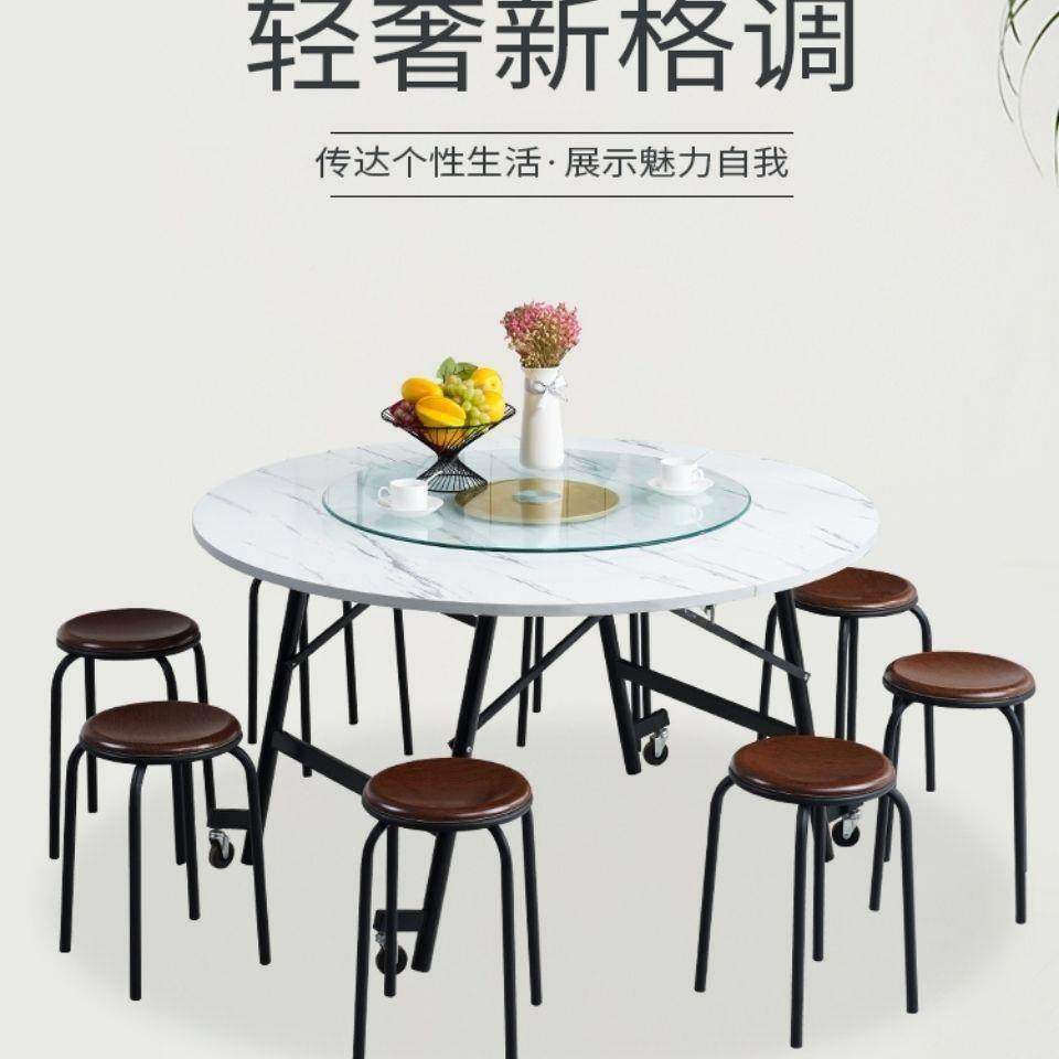 新折叠家用10人转盘餐桌简易能大圆款桌可折叠985带轮移动多可功