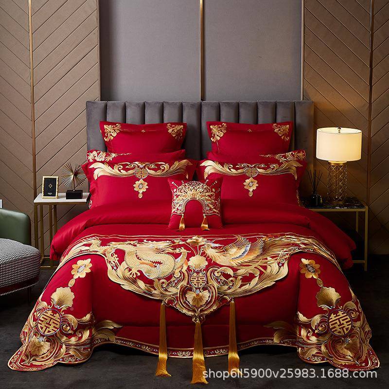 结纯婚件套棉床上用品红色刺绣婚庆669688套件件简约新婚高档全棉