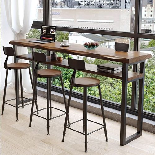 复古阳台家用巴台桌双层实木靠窗靠墙窄桌长条高低脚长桌子吧台桌