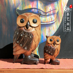 泰国木雕猫头鹰摆件创意客厅电视柜书房实体店面收银台创意装饰