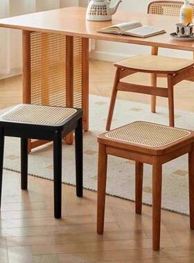 实用木藤编凳子叠放家中古餐凳复古休闲方凳餐备厅用MWB椅子可高