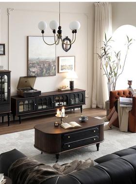 法式实木复古客简厅璃用电视柜茶52734几组合影视柜白蜡木约玻门