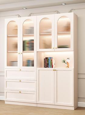 轻书柜用自组奢合由带玻璃门客厅落地奶PVM油家风立柜置物柜储物