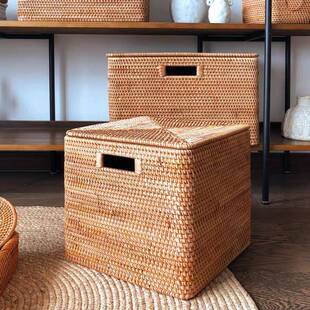 柜越秋藤编收纳带盖箱桌南面杂衣服子3615正方形物带孔整理筐