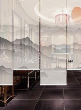 新中式窗帘卷帘山水装饰中电国升降客厅遮风PRV玄关光手拉动隔断