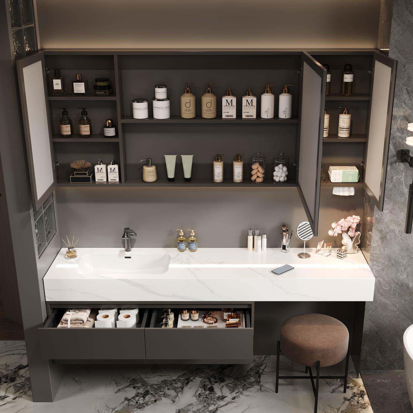 简风手岩板无缝陶瓷一体盆浴室柜组合卫79071生间智能洗脸盆洗漱