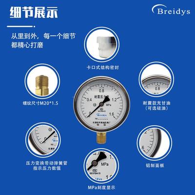 正检装压表YN1-00耐震压力表01.6M力PA气压液VDH压油压送款包过检