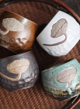 四季号杯莲蓬荷浮雕茶杯窑复古粗陶变单杯4杯装大花XQ202022品茗