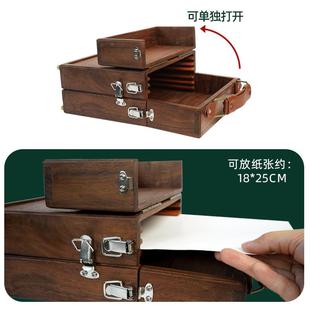 彩绘岳复古水画箱可YXC收纳纸张颜料画笔便提携画式户外写生手油