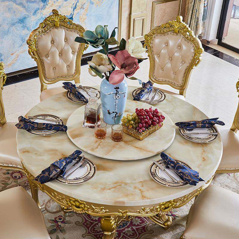 欧全实511木桌椅大式石理香槟金圆桌+转盘别墅大气雕花餐可定黑色
