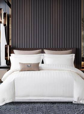 4支纯件棉用缎条酒0店床上品四DRK套宾馆民宿白色床单被套床笠三