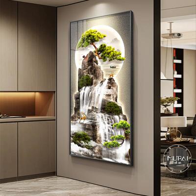 流水生财入户正对门玄关装画端高YMU山饰挂水壁画灯画客厅走廊过