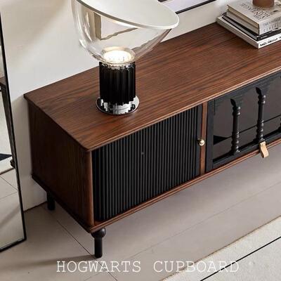 式高端视法式复古木电柜黑色美小户实型客厅储HUL物柜中古风家具