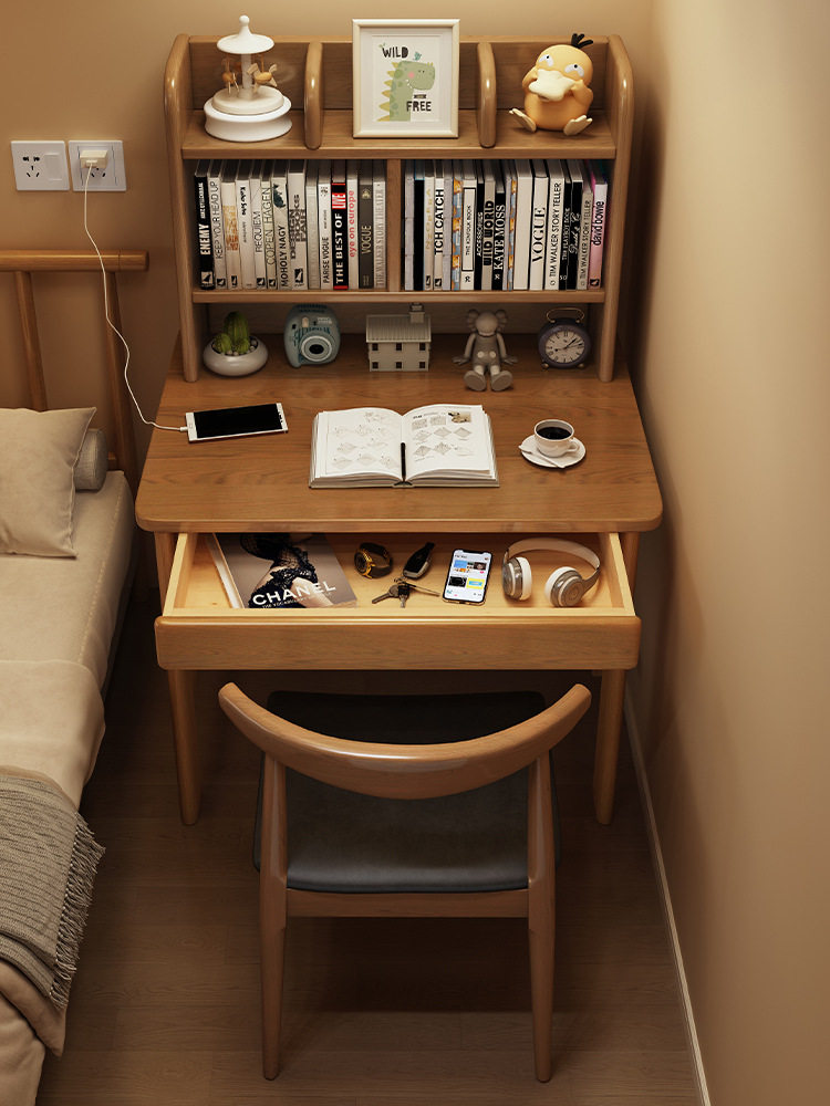带书架小型家用纯实木书桌省空间小尺寸电脑桌70主卧床边写字台子