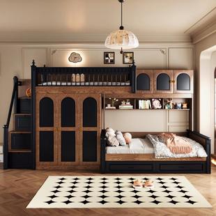 中古风位层型上下床双错床全实B59高低床上下铺可儿童木衣柜床