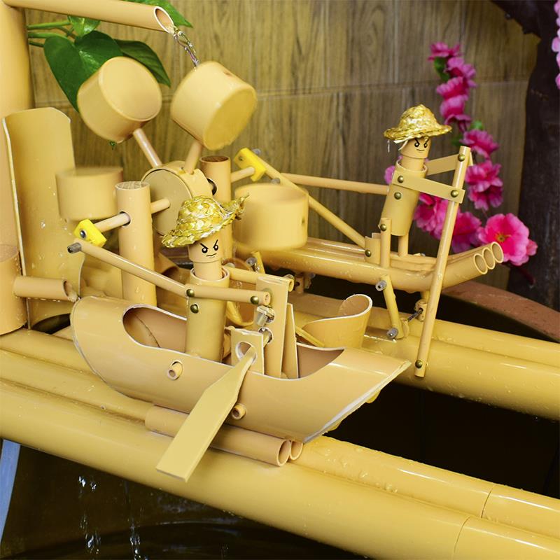 双人画船流水摆件循风环水鱼池装QGV造竹子水车水轮鱼缸饰景过滤