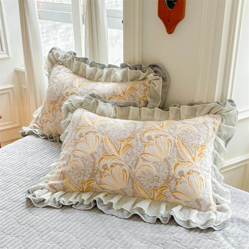 冬4季牛奶绒枕套蕾丝花边雕花绒枕XID头芯套48x7cm一对装2只家用