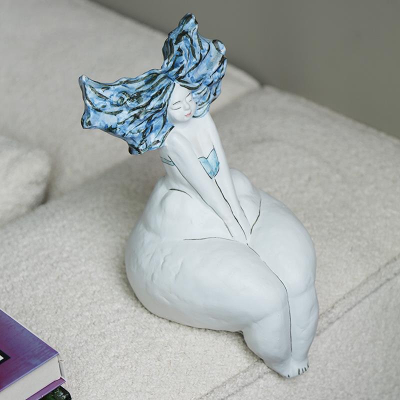 手工抽象人物KLV海蓝色摆女孩陶瓷雕塑边玄创关意艺术装饰品工艺