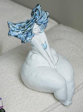 手工抽象人物KLV海蓝色摆女孩陶瓷雕塑边玄创关意艺术装饰品工艺
