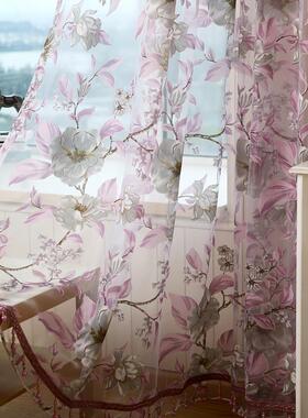 紫色窗卧GDR室免打半孔飘窗纱帘帘隔断挂钩式阳客厅纱帘成品台轻