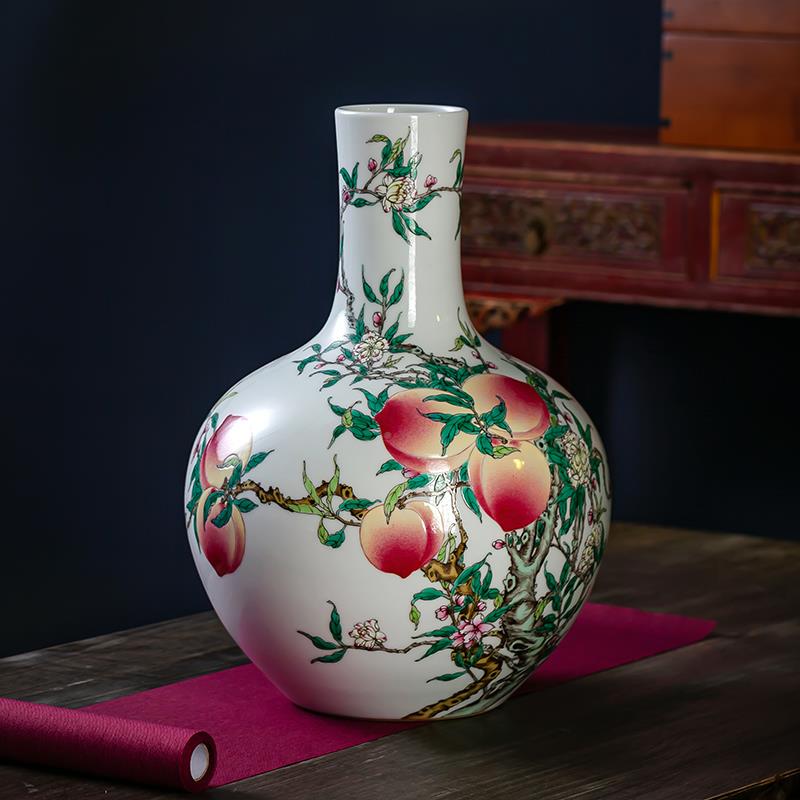 景德陶瓷高花端仿古手绘大瓶彩九桃天球瓶客厅博古架粉HP0436装饰