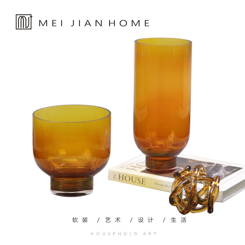 现代简约轻奢宽口玻璃花瓶摆件