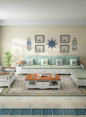 新款实木沙发组合白色冬CJX夏风两物用田园格小户型储式韩客厅