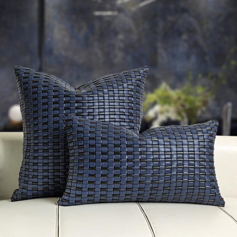 现代简约发抱枕蓝黑色皮手工编靠垫意MRD式轻奢质沙样板房靠枕腰