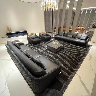 2205 厅直排沙发黑意色皮艺刺绣高档新组SF 罗伯特式 轻奢简客极款