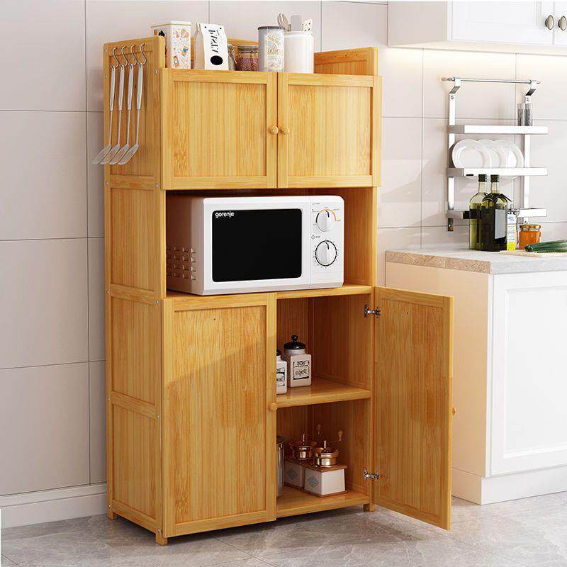 竹微波炉碗架厨房用带品门厨房置物架收QJY纳架经济型家用实木橱