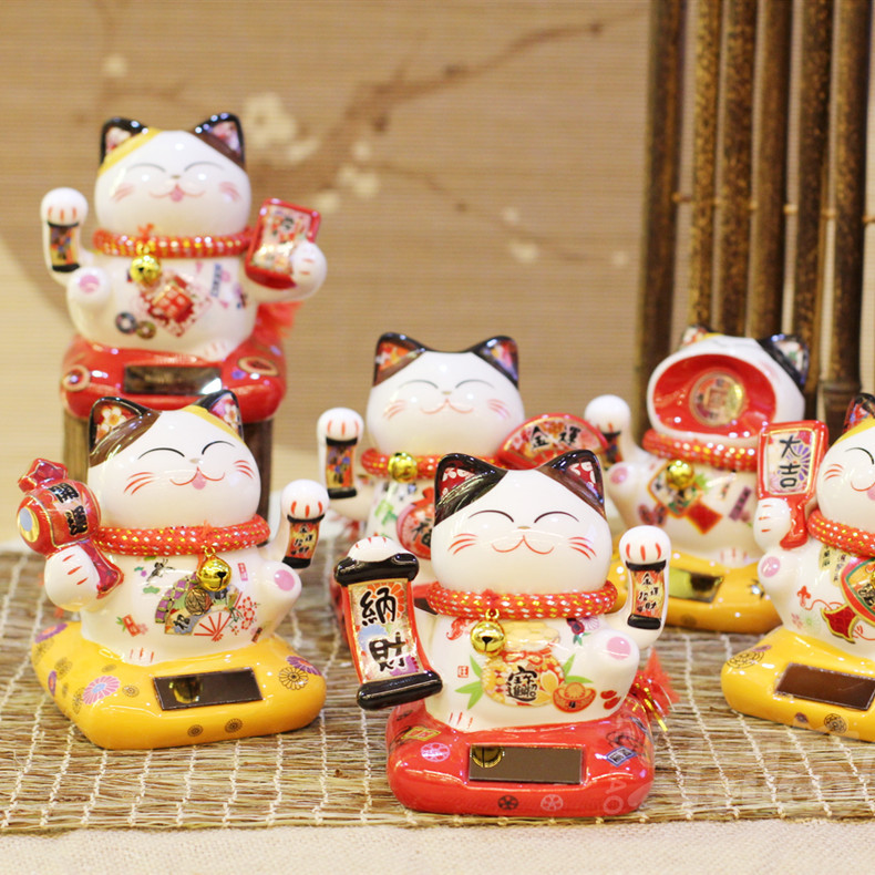 乐喵新款太阳能招财猫光能陶瓷摇手猫汽车摆件车载饰品招财平安