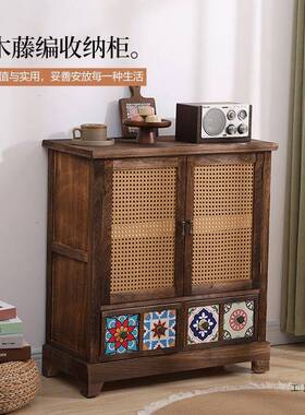 美收式复实古木餐边柜现代FKJ8S86J简约藤编储物客柜厅玄关纳柜子