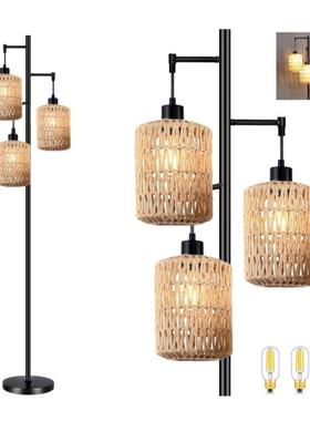 式多头落地子灯麻绳藤编藤艺复美古卧室客厅床头76952书房3头笼落