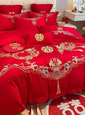 RAY中式婚庆四件上套大红色喜龙凤刺绣被房陪嫁床单被婚套结婚床