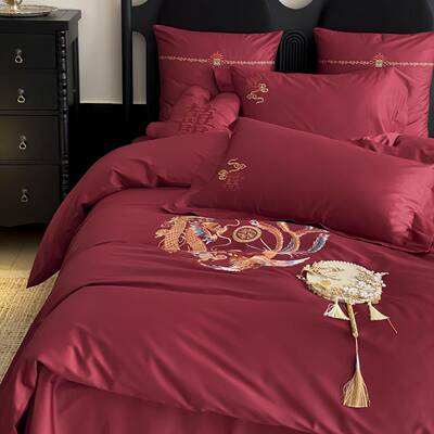 新式龙凤刺绣中色结婚庆四件套全棉00支红长绒棉陪嫁1喜被套床1单