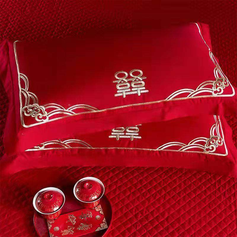 高档大红色全棉枕套ILZ一对装结婚喜套字中式刺绣枕头喜纯棉庆枕