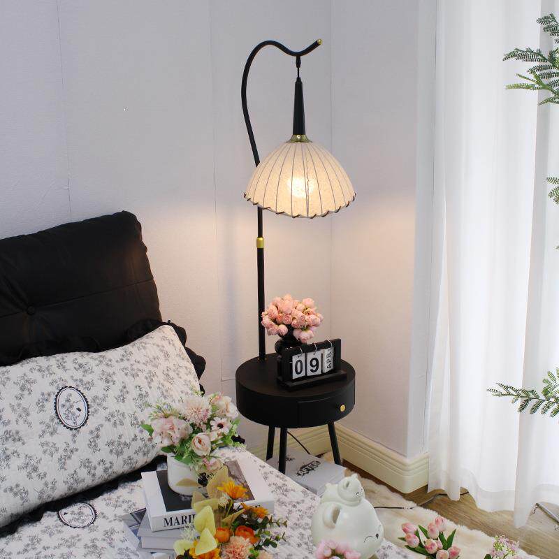 中古风卧室落地灯床头柜台灯一体氛围感复古置物架客厅沙发台灯