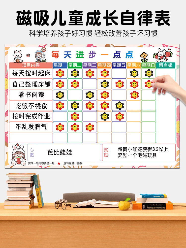 ?儿童成长自律表磁性墙贴小学生时间管理宝宝奖励贴纸积分卡孩子