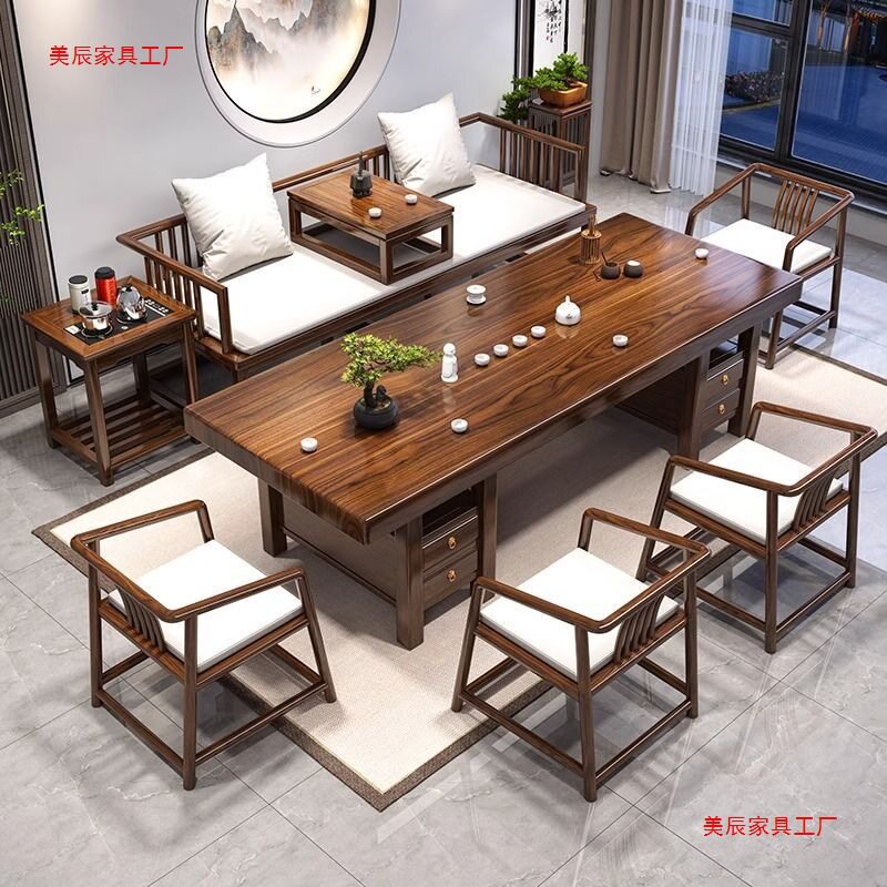 【955人收藏】实木罗汉床茶桌桌椅组合办公室中式茶台家用五椅大