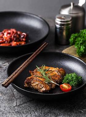 黑创意陶瓷家磨砂西餐盘个性菜盘QUK水果沙拉盘用意面深盘色盘定