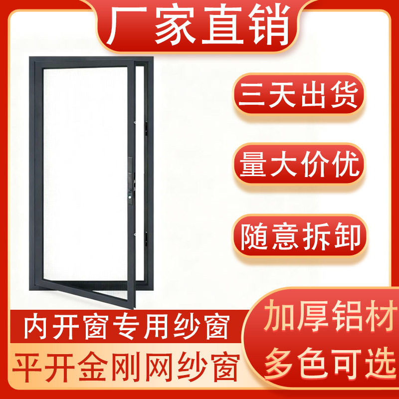 框中框隐形平开纱窗儿童锁金刚高透网铝合金双扇内开免钉免打孔
