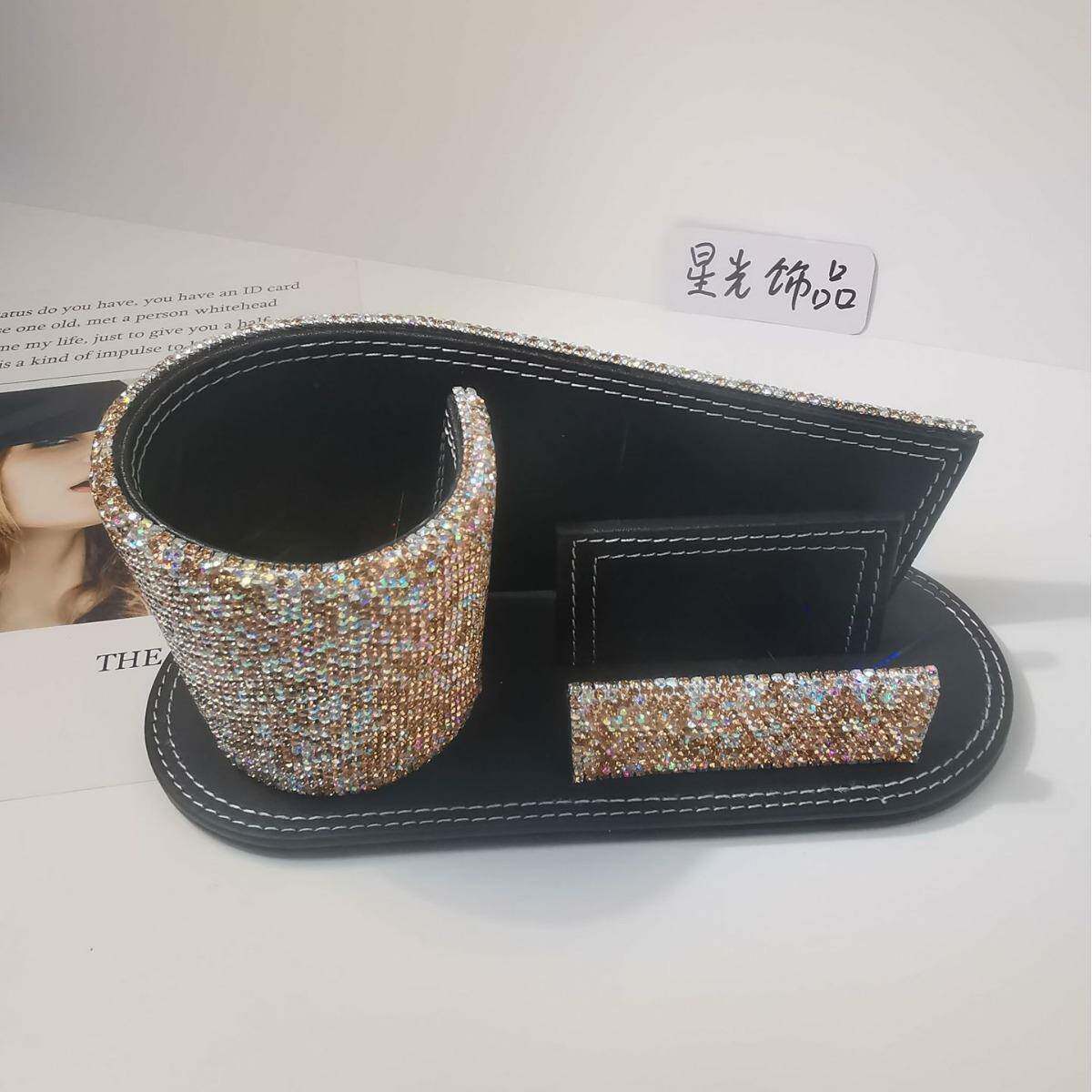 钻高面档皮质贴钻笔筒创意办时尚名片座酒店公桌摆件镶钻水笔筒名