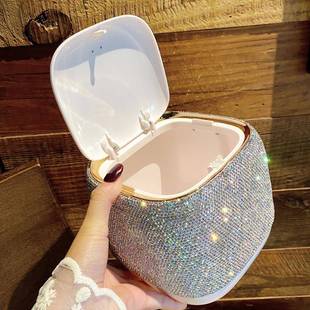 镶钻按式 家用桌面垃圾桶几书压纸房篓茶车载OUYA059带盖迷你杂物