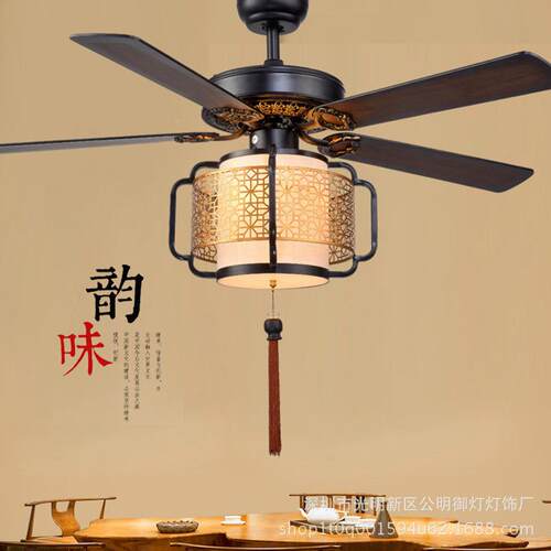 新中式吊扇客餐厅卧室风灯扇木叶静灯音中式L6019ED灯饰电厅风扇
